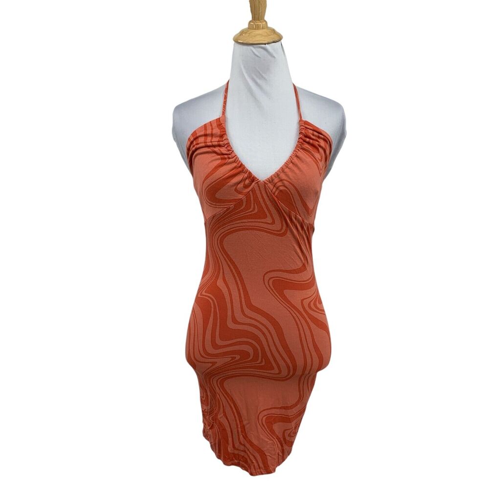 Forever 21 Dress Womens S Small Salmon Nectarine Marble Print Halter Tie V Neck
